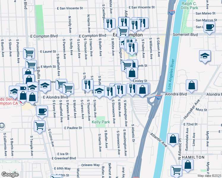 map of restaurants, bars, coffee shops, grocery stores, and more near 15805 South White Avenue in Compton