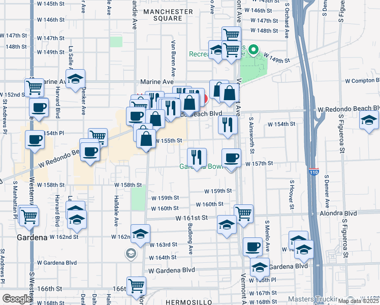 map of restaurants, bars, coffee shops, grocery stores, and more near 1203 156th Place in Gardena