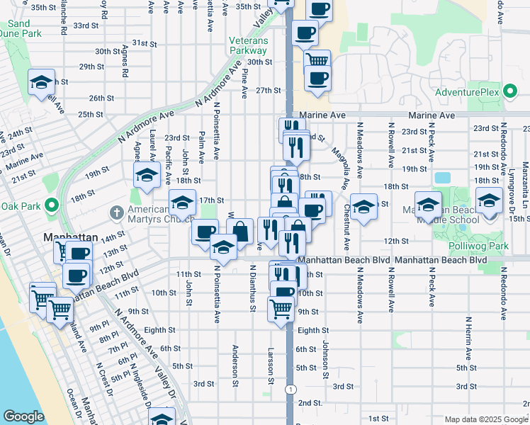 map of restaurants, bars, coffee shops, grocery stores, and more near 1417 Elm Avenue in Manhattan Beach