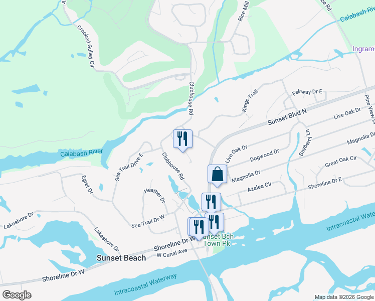 map of restaurants, bars, coffee shops, grocery stores, and more near 120 Royal Poste Road in Sunset Beach