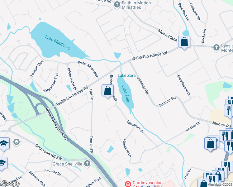 map of restaurants, bars, coffee shops, grocery stores, and more near 1240 Bridgewater Walk in Snellville