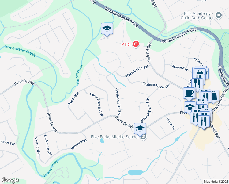map of restaurants, bars, coffee shops, grocery stores, and more near 654 Continental Drive Southwest in Lawrenceville