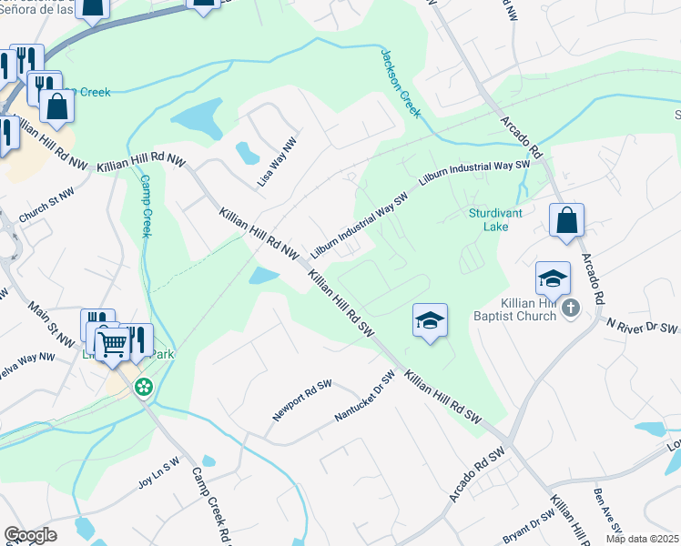 map of restaurants, bars, coffee shops, grocery stores, and more near 4495 Buttonwood Lane in Lilburn