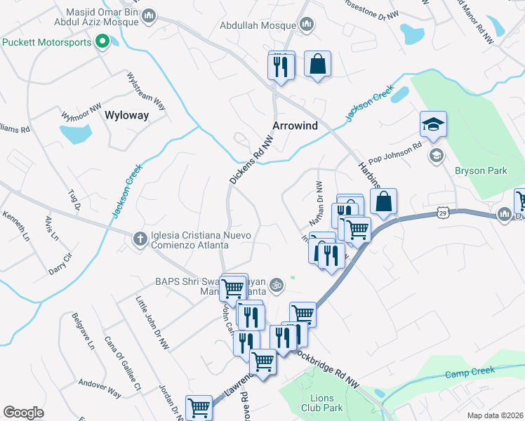 map of restaurants, bars, coffee shops, grocery stores, and more near 561 Candlewick Lane Northwest in Lilburn
