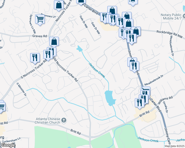 map of restaurants, bars, coffee shops, grocery stores, and more near 6365 Wedgeview Court in Tucker