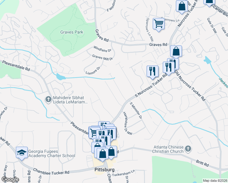 map of restaurants, bars, coffee shops, grocery stores, and more near 1300 Cornerstone Place Northwest in Tucker