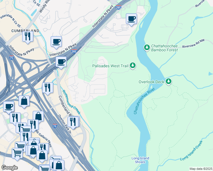 map of restaurants, bars, coffee shops, grocery stores, and more near 3848 Chattahoochee Summit Drive Southeast in Atlanta