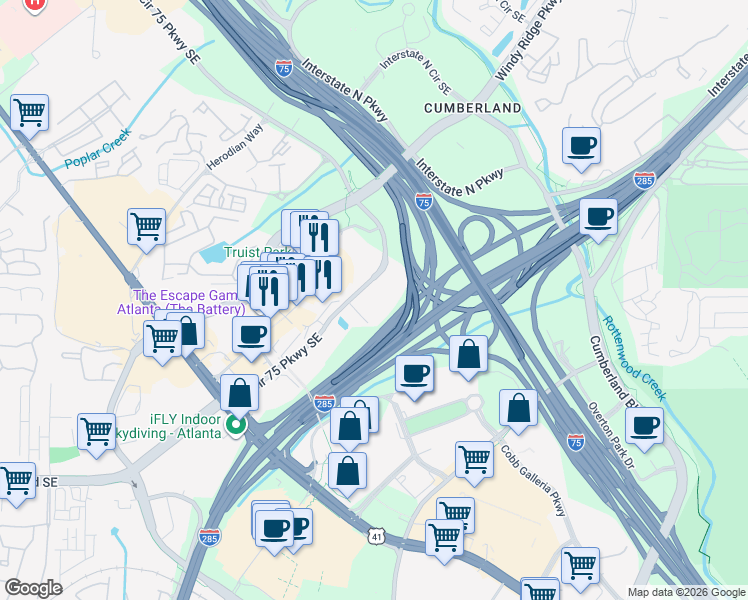 map of restaurants, bars, coffee shops, grocery stores, and more near 1100 Circle 75 Parkway in Atlanta