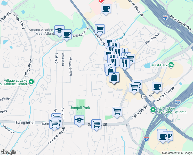 map of restaurants, bars, coffee shops, grocery stores, and more near 5110 Afton Way in Smyrna