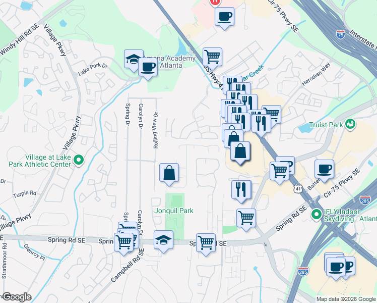 map of restaurants, bars, coffee shops, grocery stores, and more near 5158 Afton Way in Smyrna