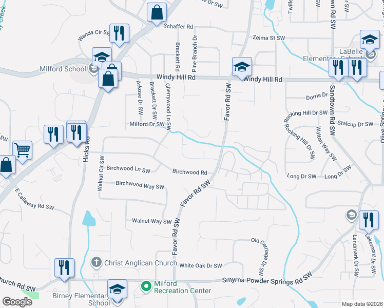 map of restaurants, bars, coffee shops, grocery stores, and more near 561 Favorwood Drive Southwest in Marietta