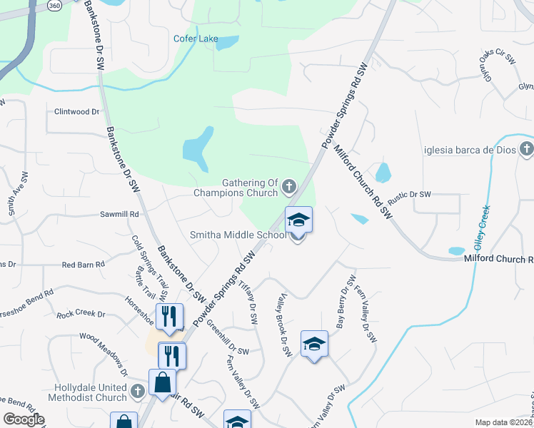 map of restaurants, bars, coffee shops, grocery stores, and more near 1998 Powder Springs Road Southwest in Marietta