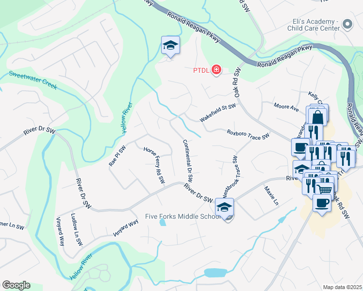 map of restaurants, bars, coffee shops, grocery stores, and more near 654 Continental Drive Southwest in Lawrenceville