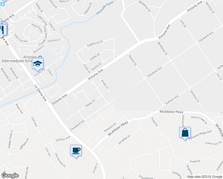 map of restaurants, bars, coffee shops, grocery stores, and more near 2557 Braden Place in Riverside