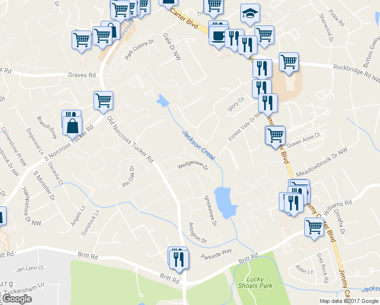 map of restaurants, bars, coffee shops, grocery stores, and more near 6365 Wedgeview Court in Tucker