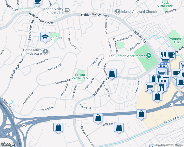 map of restaurants, bars, coffee shops, grocery stores, and more near 1851 Caitlin Circle in Corona