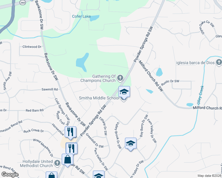 map of restaurants, bars, coffee shops, grocery stores, and more near 1998 Powder Springs Road Southwest in Marietta
