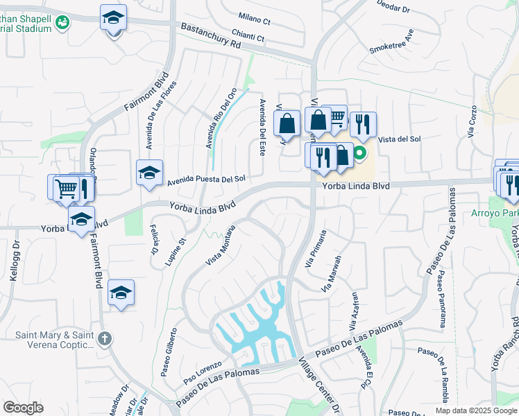 map of restaurants, bars, coffee shops, grocery stores, and more near 20346 Vía Marwah in Yorba Linda