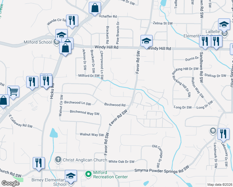 map of restaurants, bars, coffee shops, grocery stores, and more near 561 Favorwood Drive Southwest in Marietta