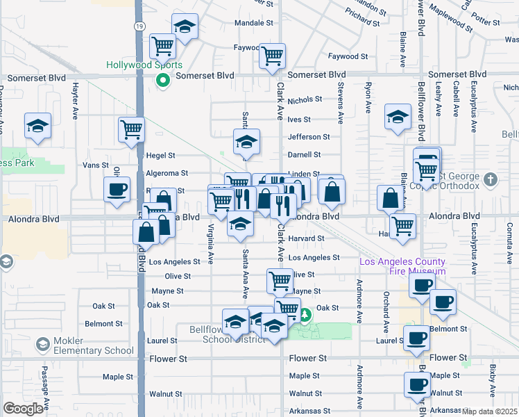 map of restaurants, bars, coffee shops, grocery stores, and more near 9327 Alondra Boulevard in Bellflower