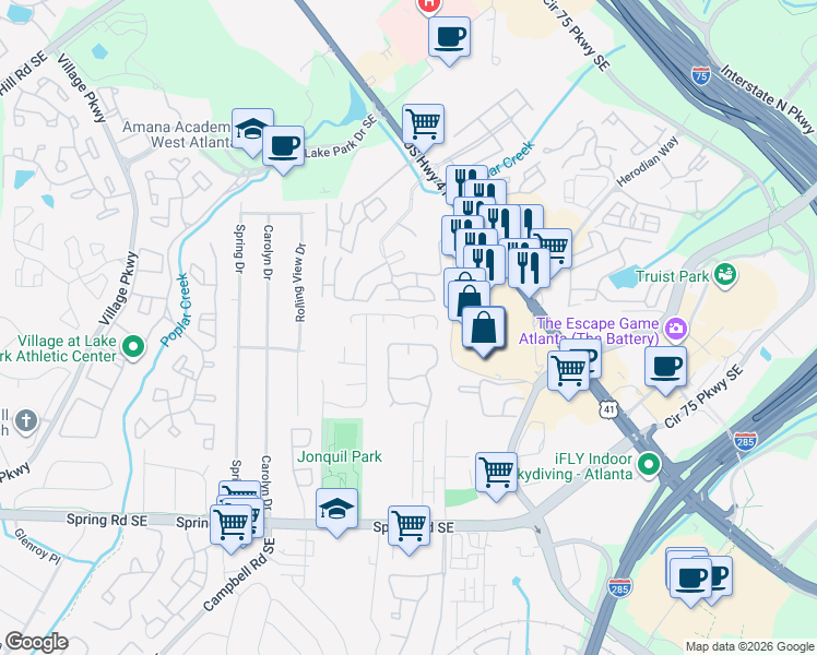 map of restaurants, bars, coffee shops, grocery stores, and more near 5110 Afton Way in Smyrna