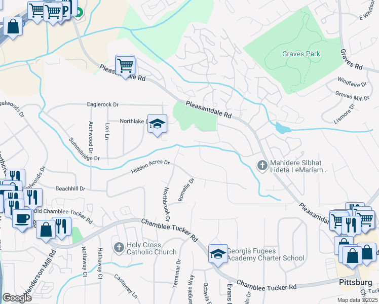 map of restaurants, bars, coffee shops, grocery stores, and more near 3768 Eastbrook Court in Doraville