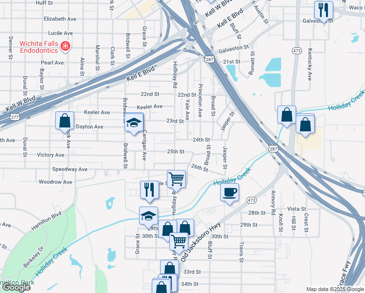 map of restaurants, bars, coffee shops, grocery stores, and more near 1416 25th Street in Wichita Falls