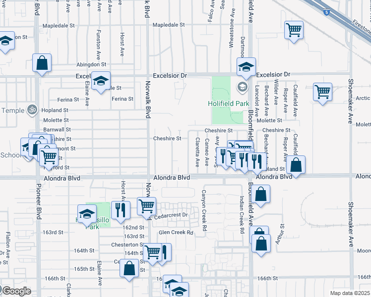 map of restaurants, bars, coffee shops, grocery stores, and more near 15617 Madris Avenue in Norwalk
