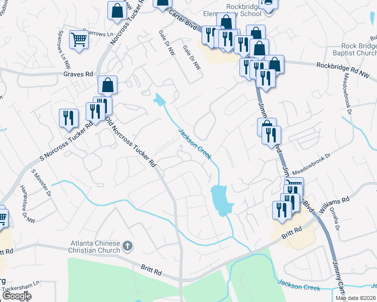 map of restaurants, bars, coffee shops, grocery stores, and more near 6399 Wedgewood Trce in Tucker