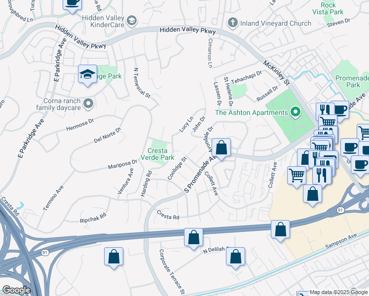 map of restaurants, bars, coffee shops, grocery stores, and more near 1851 Caitlin Circle in Corona