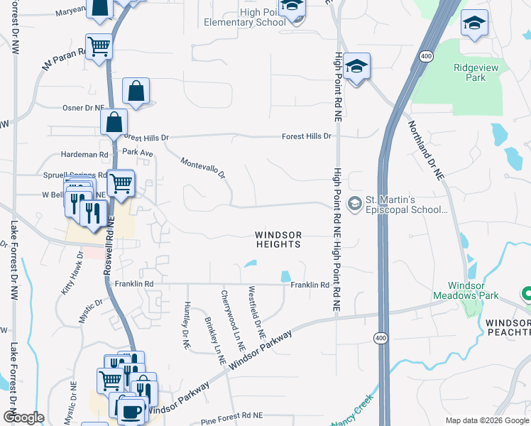 map of restaurants, bars, coffee shops, grocery stores, and more near 465 Forest Valley Road in Sandy Springs