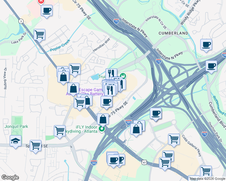 map of restaurants, bars, coffee shops, grocery stores, and more near Battery Avenue Southeast in Atlanta