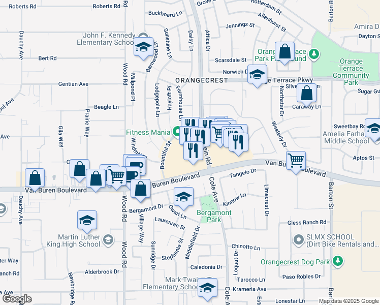 map of restaurants, bars, coffee shops, grocery stores, and more near 19348 Van Buren Boulevard in Riverside