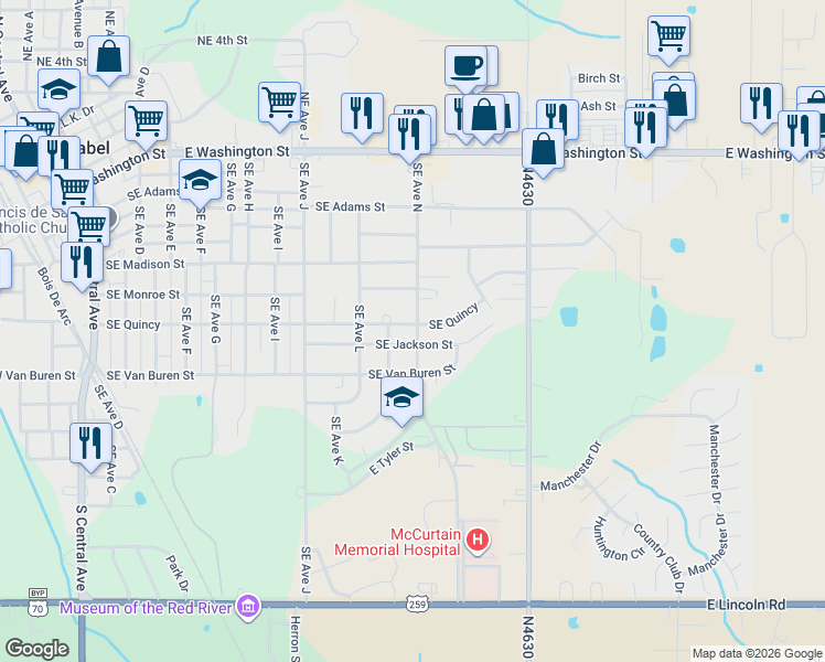 map of restaurants, bars, coffee shops, grocery stores, and more near 1211 Southeast Jackson Street in Idabel