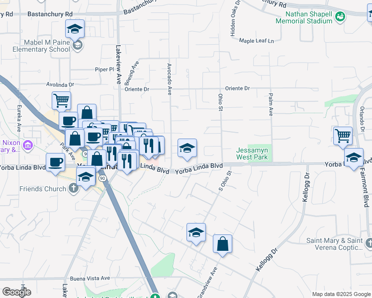 map of restaurants, bars, coffee shops, grocery stores, and more near 18822 Deville Drive in Yorba Linda