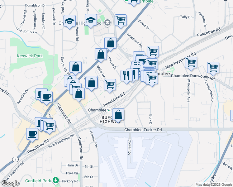 map of restaurants, bars, coffee shops, grocery stores, and more near 5300 Peachtree Road in Chamblee