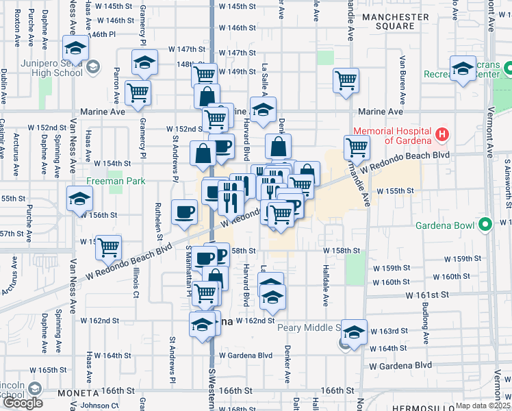 map of restaurants, bars, coffee shops, grocery stores, and more near 1655 West Redondo Beach Boulevard in Gardena