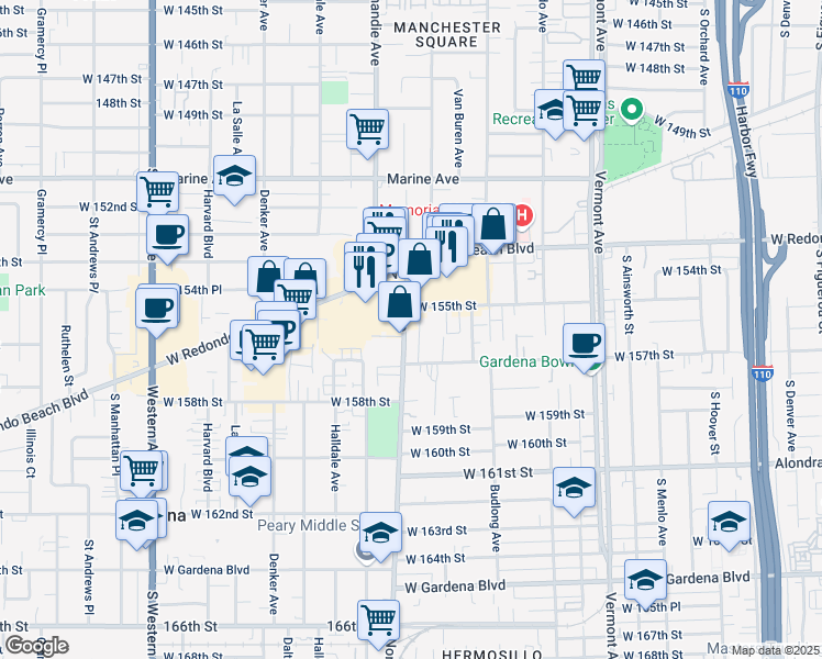 map of restaurants, bars, coffee shops, grocery stores, and more near 15540 Normandie Avenue in Gardena