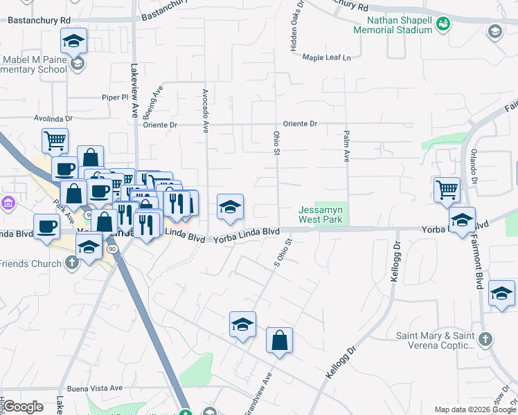 map of restaurants, bars, coffee shops, grocery stores, and more near 4892 Silver Spur Lane in Yorba Linda