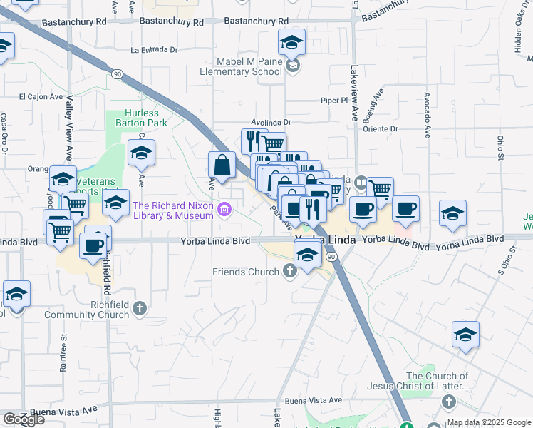 map of restaurants, bars, coffee shops, grocery stores, and more near 4901 Park Place in Yorba Linda