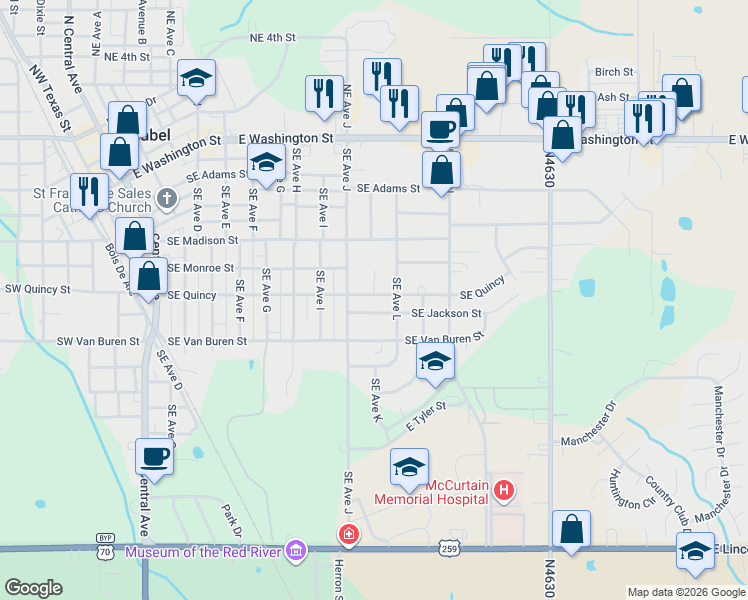 map of restaurants, bars, coffee shops, grocery stores, and more near 1005 Southeast Jackson Street in Idabel