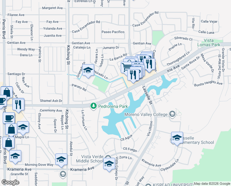 map of restaurants, bars, coffee shops, grocery stores, and more near 25802 Iris Avenue in Moreno Valley
