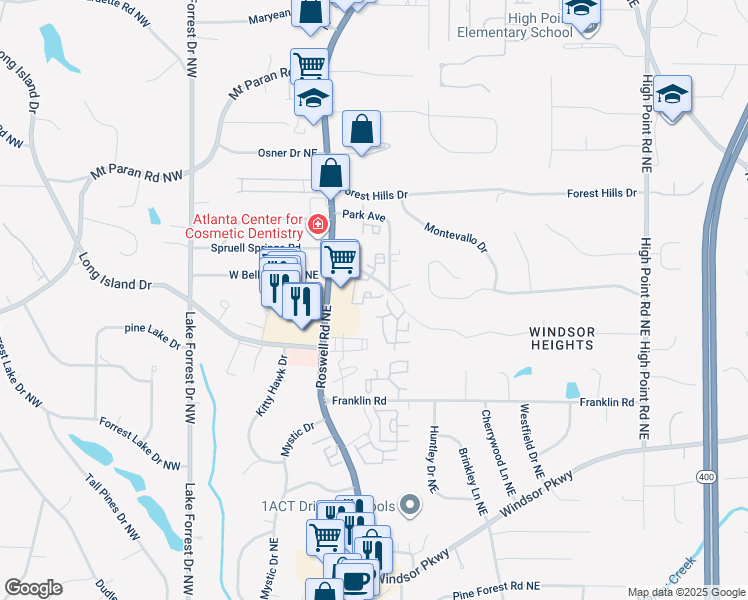 map of restaurants, bars, coffee shops, grocery stores, and more near 240 East Belle Isle Road Northeast in Sandy Springs