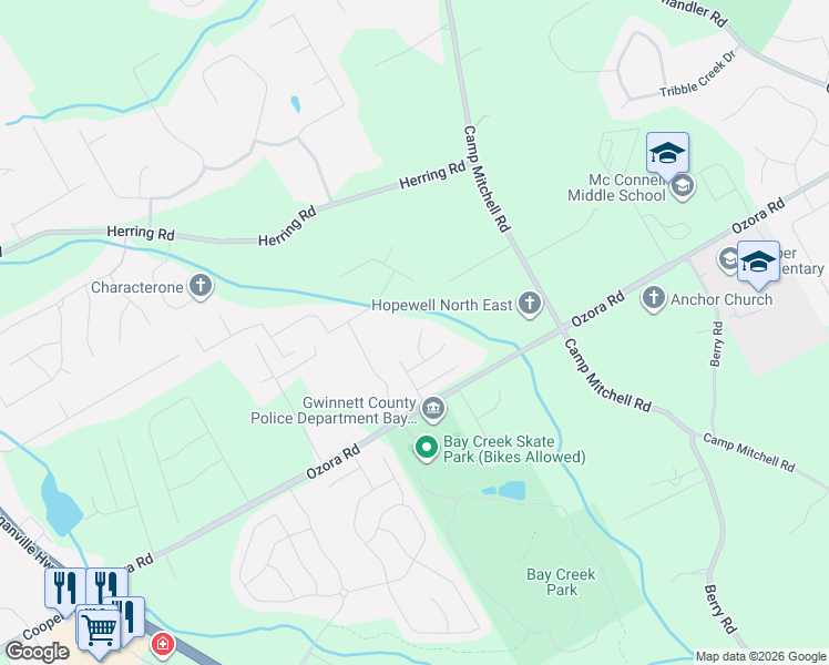 map of restaurants, bars, coffee shops, grocery stores, and more near 2617 Corey Park Drive in Loganville