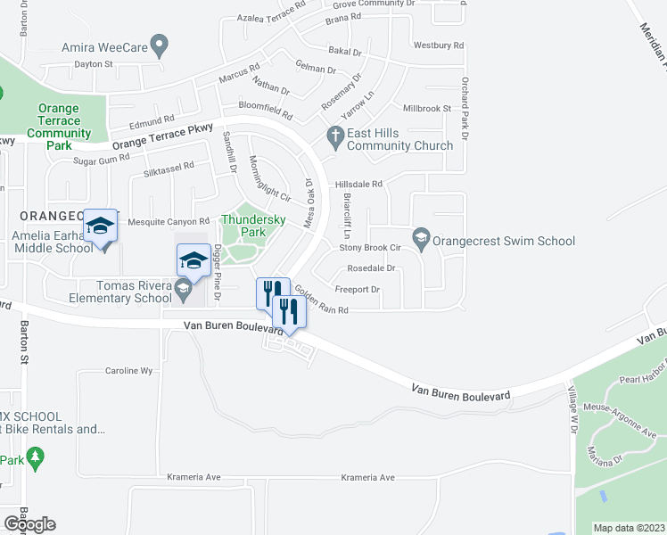 map of restaurants, bars, coffee shops, grocery stores, and more near 8919 Massena Street in Riverside