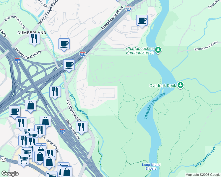 map of restaurants, bars, coffee shops, grocery stores, and more near 3758 Chattahoochee Summit Drive Southeast in Atlanta