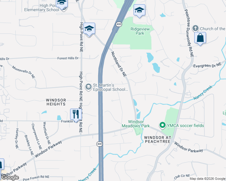 map of restaurants, bars, coffee shops, grocery stores, and more near 4920 Northway Drive Northeast in Atlanta