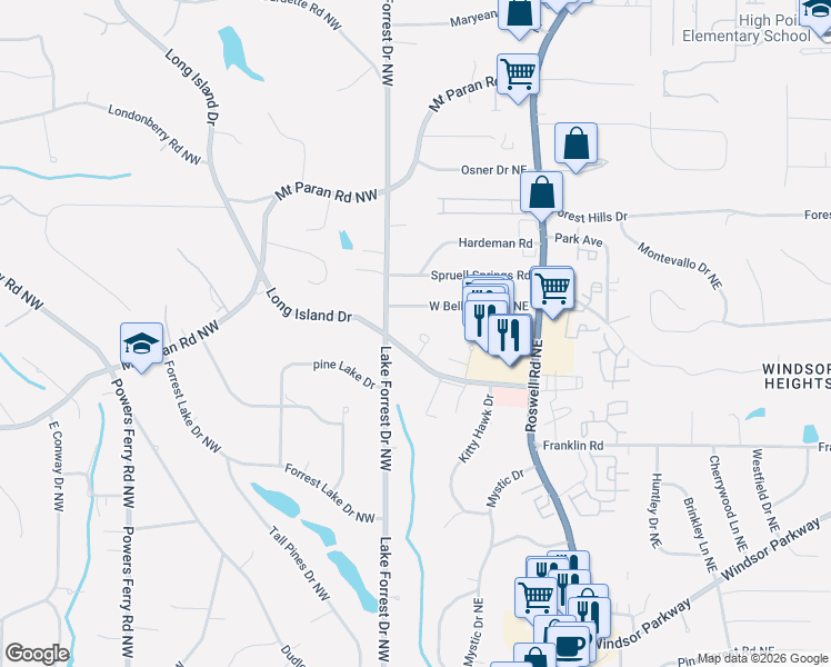 map of restaurants, bars, coffee shops, grocery stores, and more near 335 Fountain Oaks Lane in Atlanta