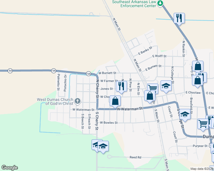 map of restaurants, bars, coffee shops, grocery stores, and more near 510 Jones Street in Dumas
