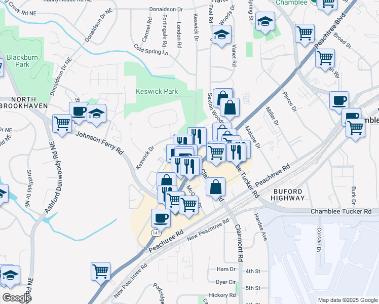 map of restaurants, bars, coffee shops, grocery stores, and more near 5120 Peachtree Industrial Boulevard in Atlanta